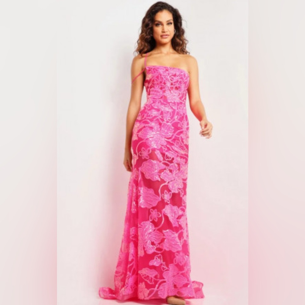 JVN by Jovani Hot Pink Floral One Shoulder Dress size 8 prom dress